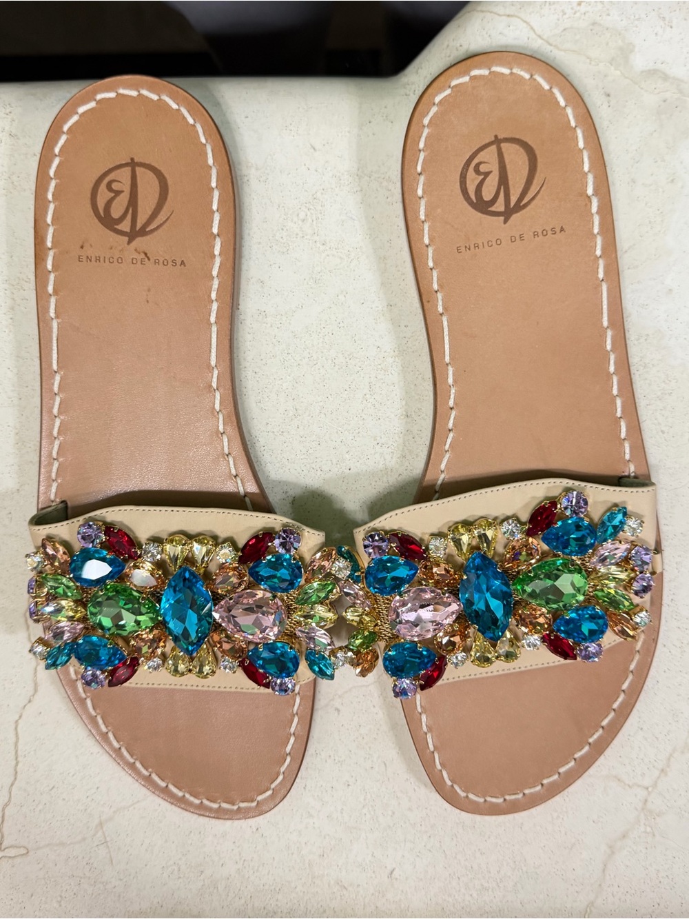 Enrico De Rosa Beige Jeweled Slide Sandals with Multicolor Crystals